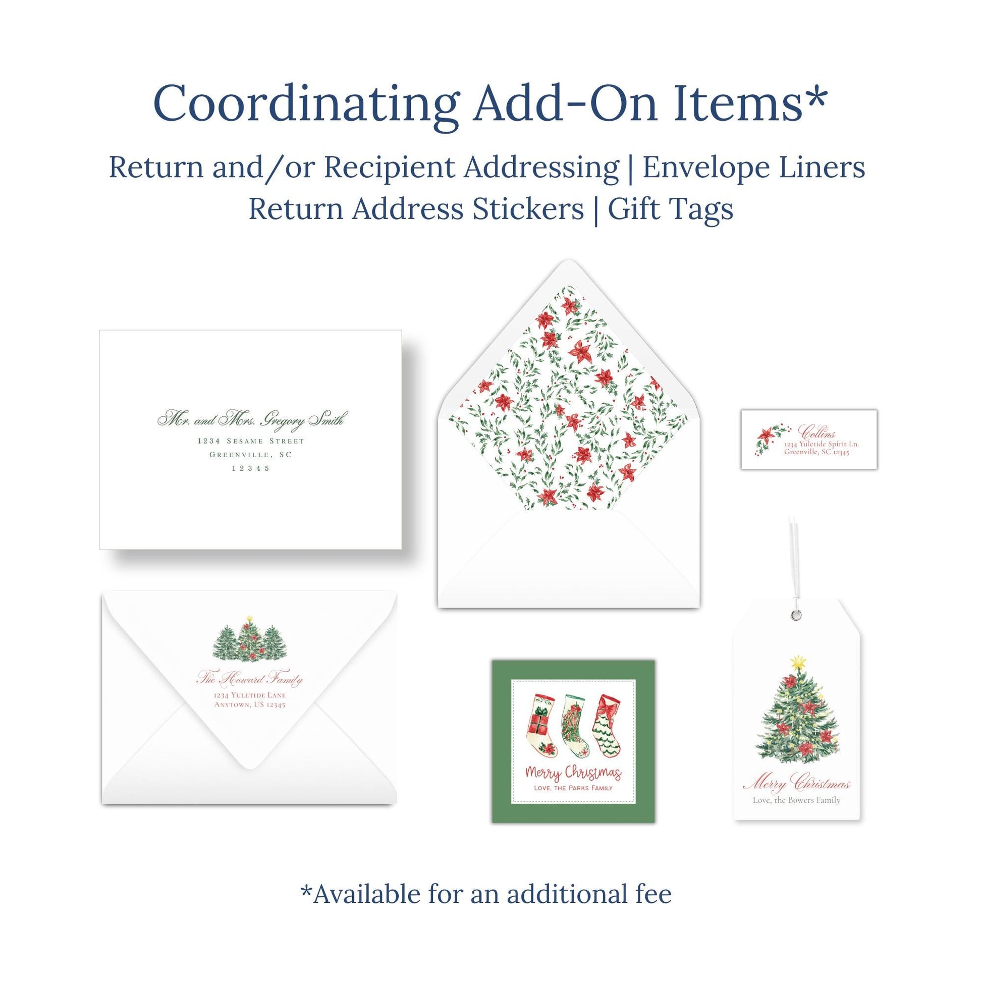 various holiday-themed items, including envelopes, return address stickers, and gift tags, all with festive designs.
