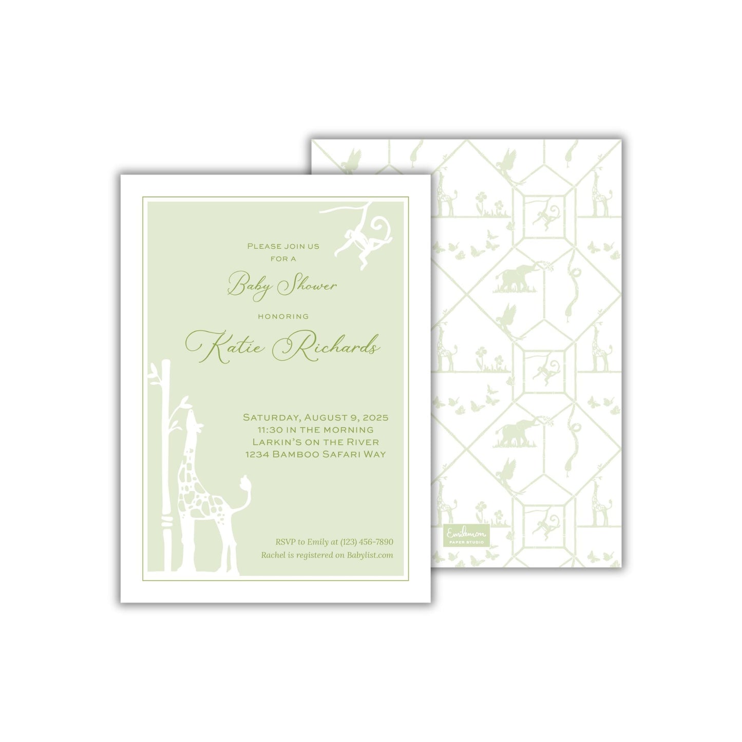 a green and white wedding card with a giraffe design