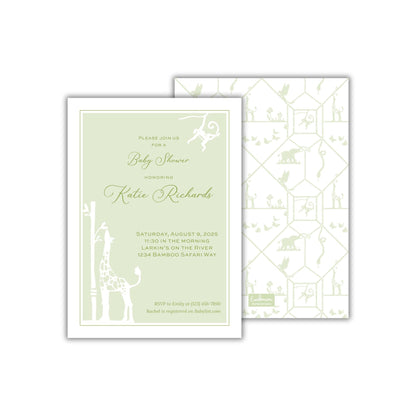 a green and white wedding card with a giraffe design