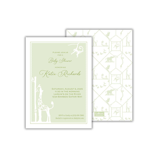 a green and white wedding card with a giraffe design