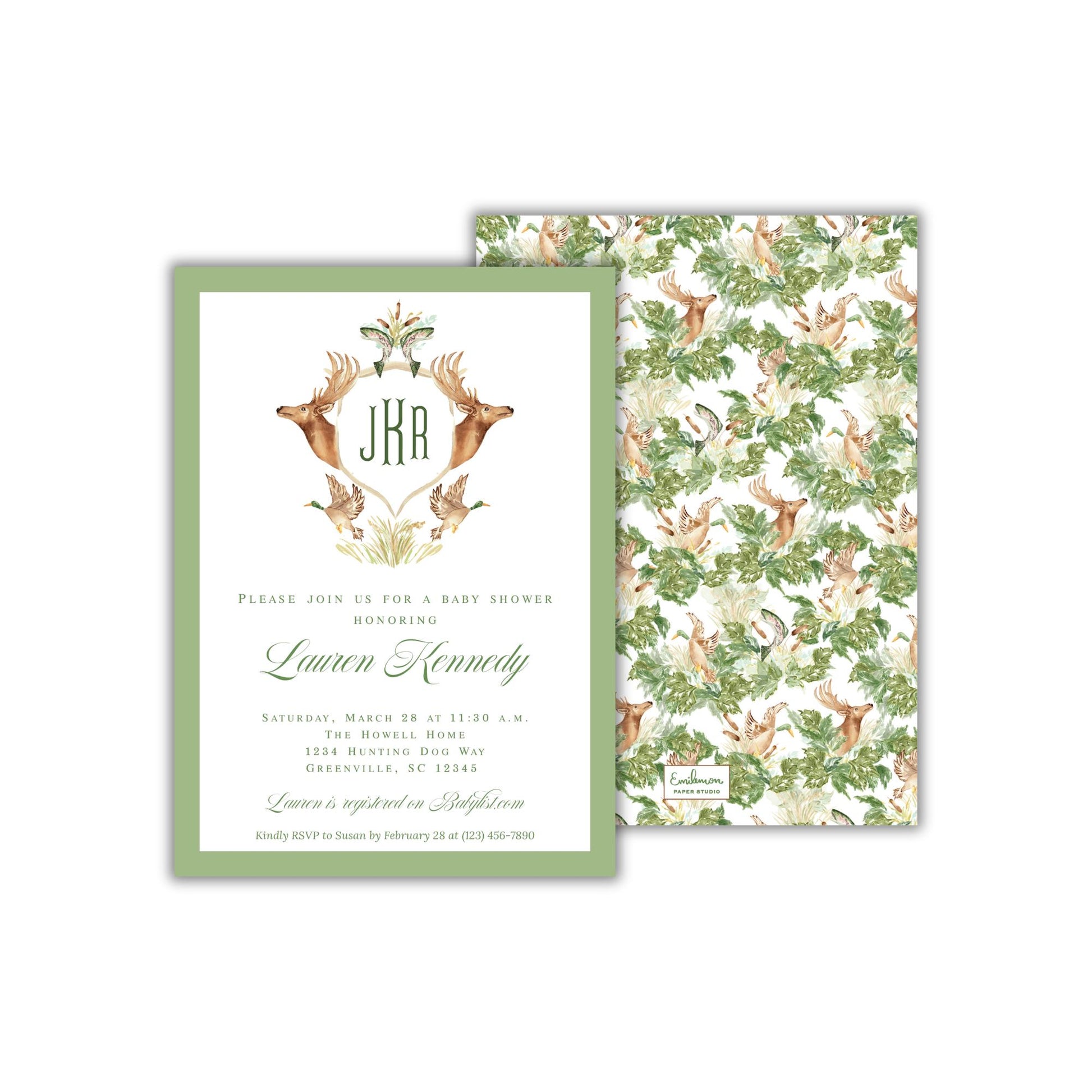 The image is a baby shower invitation featuring a deer motif, with a green and white color scheme.