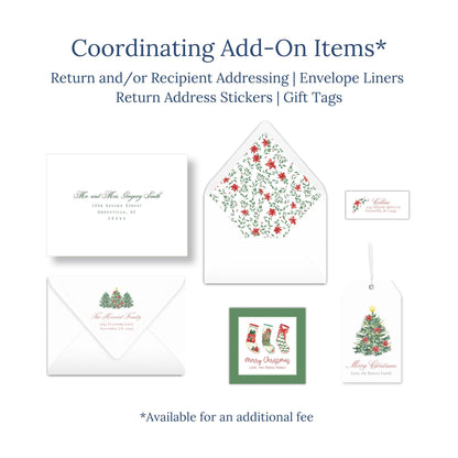 various holiday-themed items, including envelopes, return address stickers, and gift tags, all with festive designs.