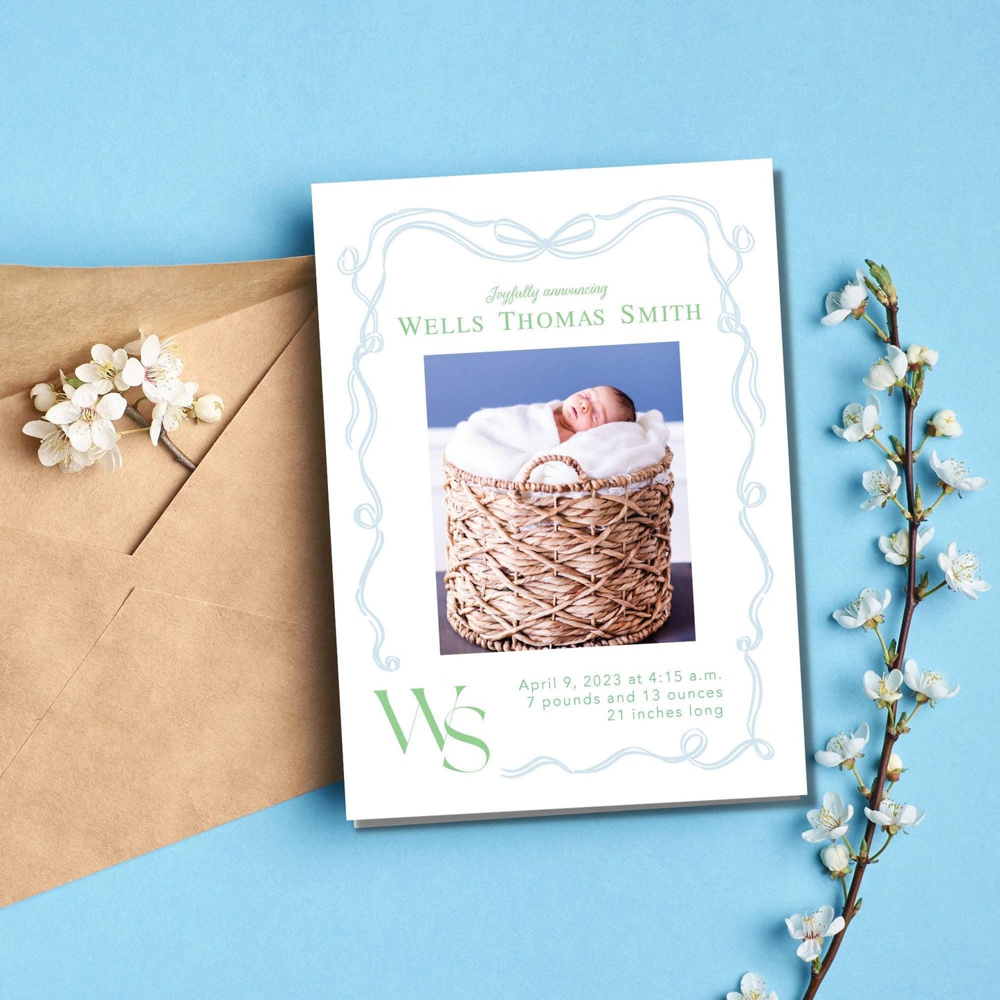 Bow Monogram Birth Announcement - Blue