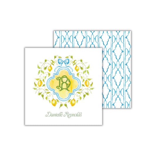 a square card with a decorative border and a monogrammed logo, along with a blue and white patterned background.