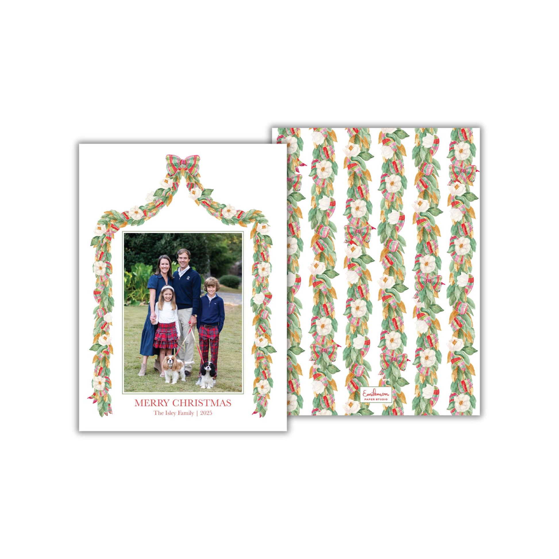 A family portrait of a family of four, with a floral garland around them, and a repeating pattern of green leaves on the right side of the image.