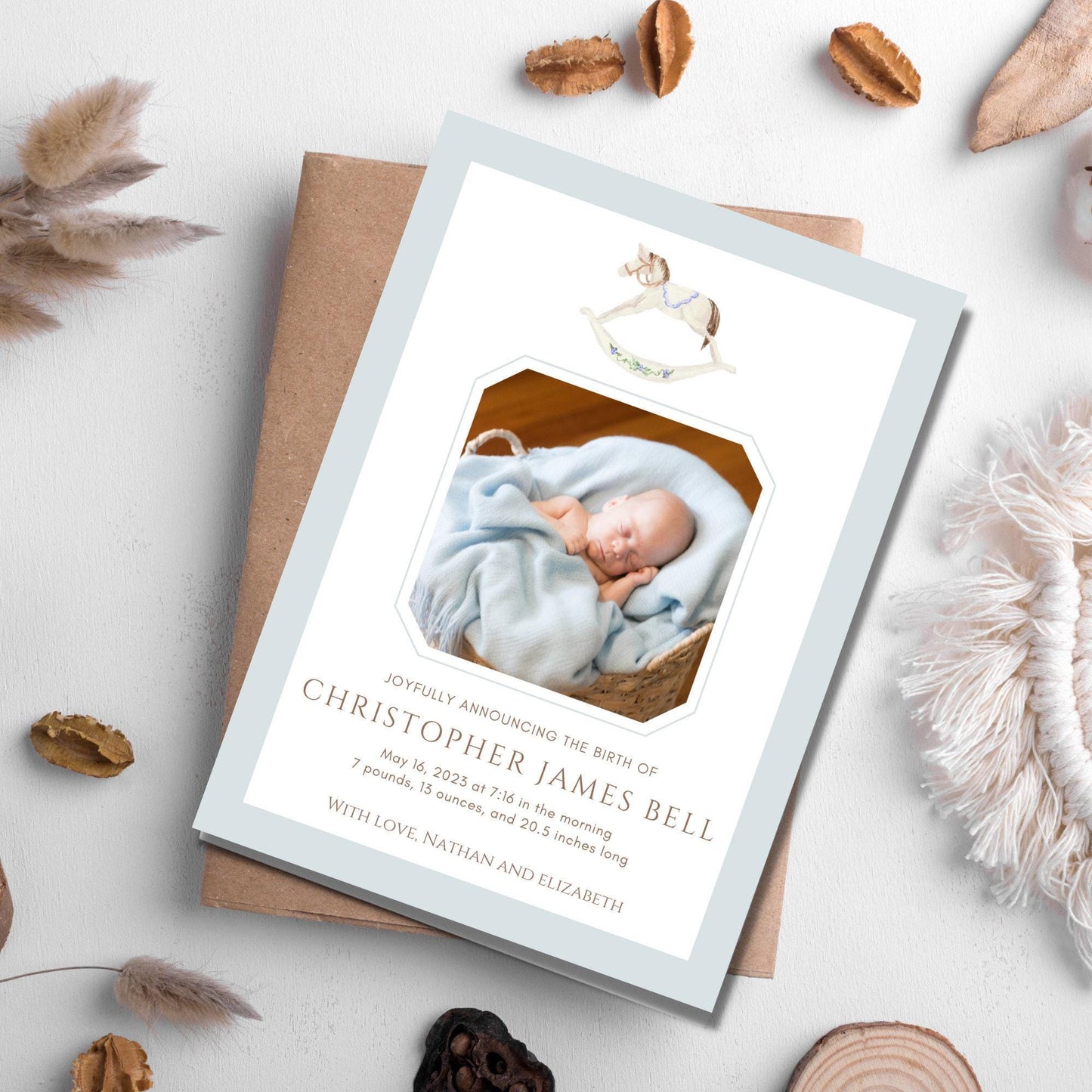 Rocking Horse Birth Announcement - Blue