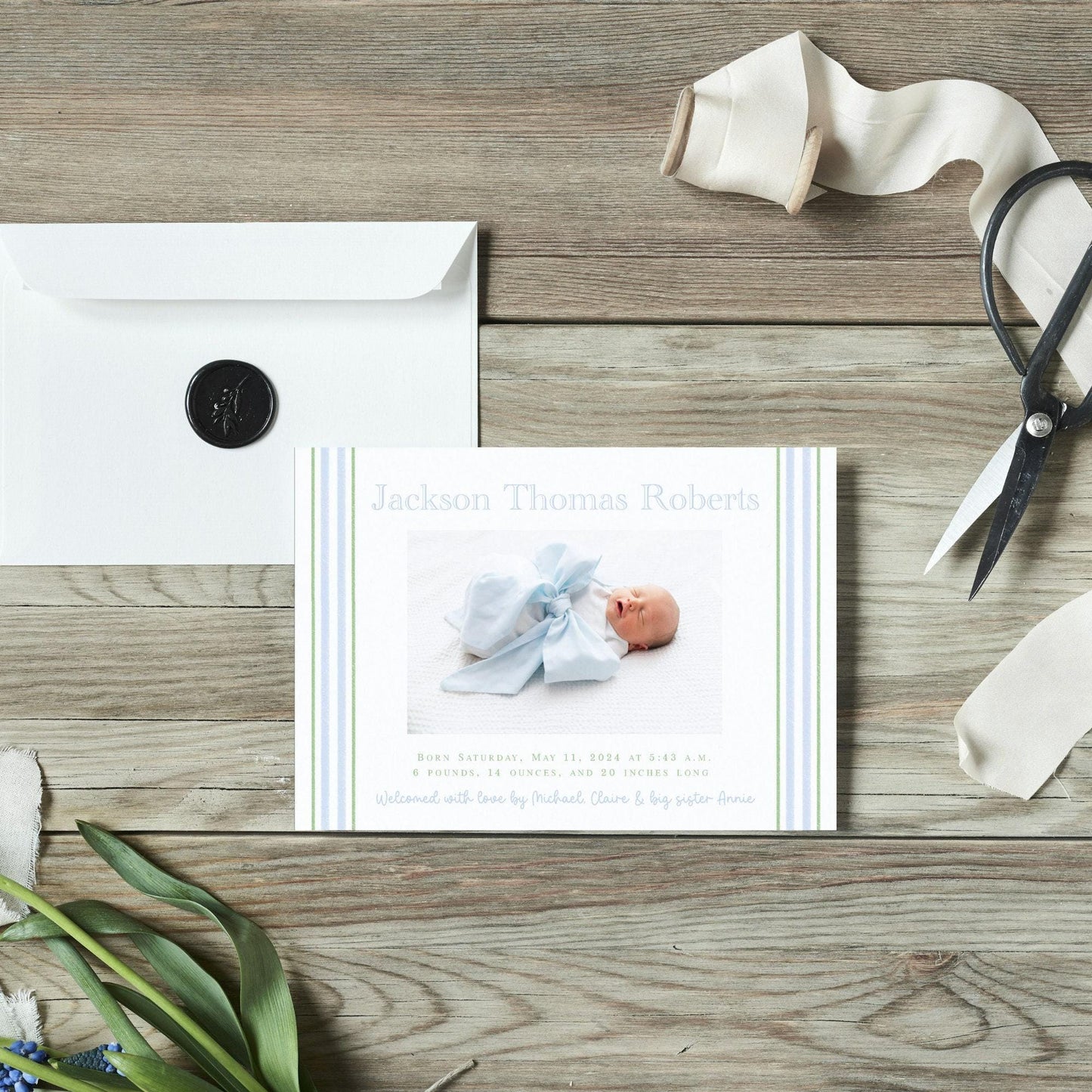 Floral Pinstripe Birth Announcement