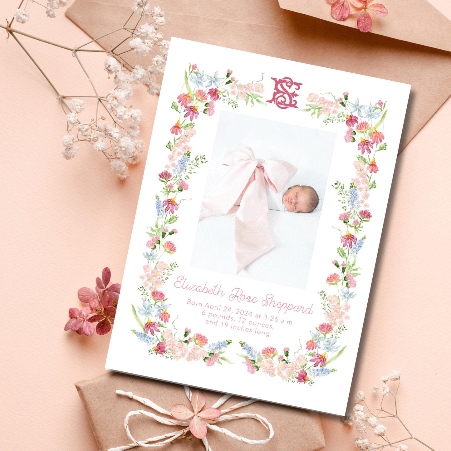 Mountain Floral Birth Announcement