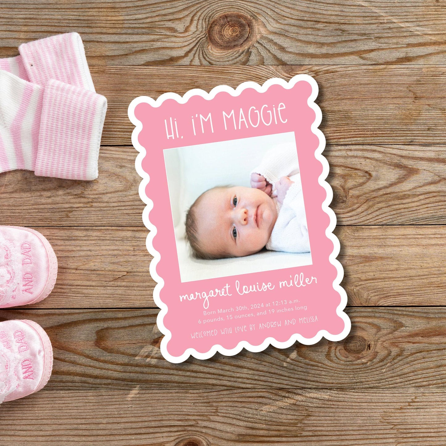 Whimsical Scallop Birth Announcement - Pink