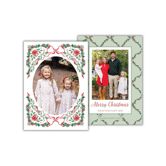 The image is a Christmas card featuring a family photo of a young girl, a young girl, and a young girl, all dressed in festive attire. The card has a floral border and the text &quot;Merry Christmas&quot; and &quot;The family of [indecipherable] family year&quot; is displayed.