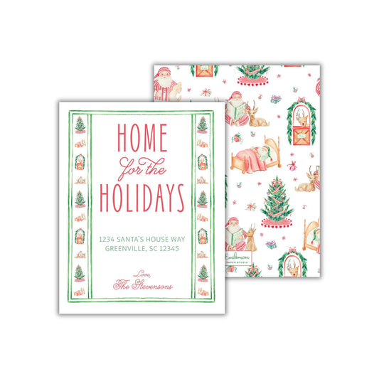 The image is a holiday-themed invitation card with a festive design featuring Christmas trees, Santa Claus, and other holiday-related elements.
