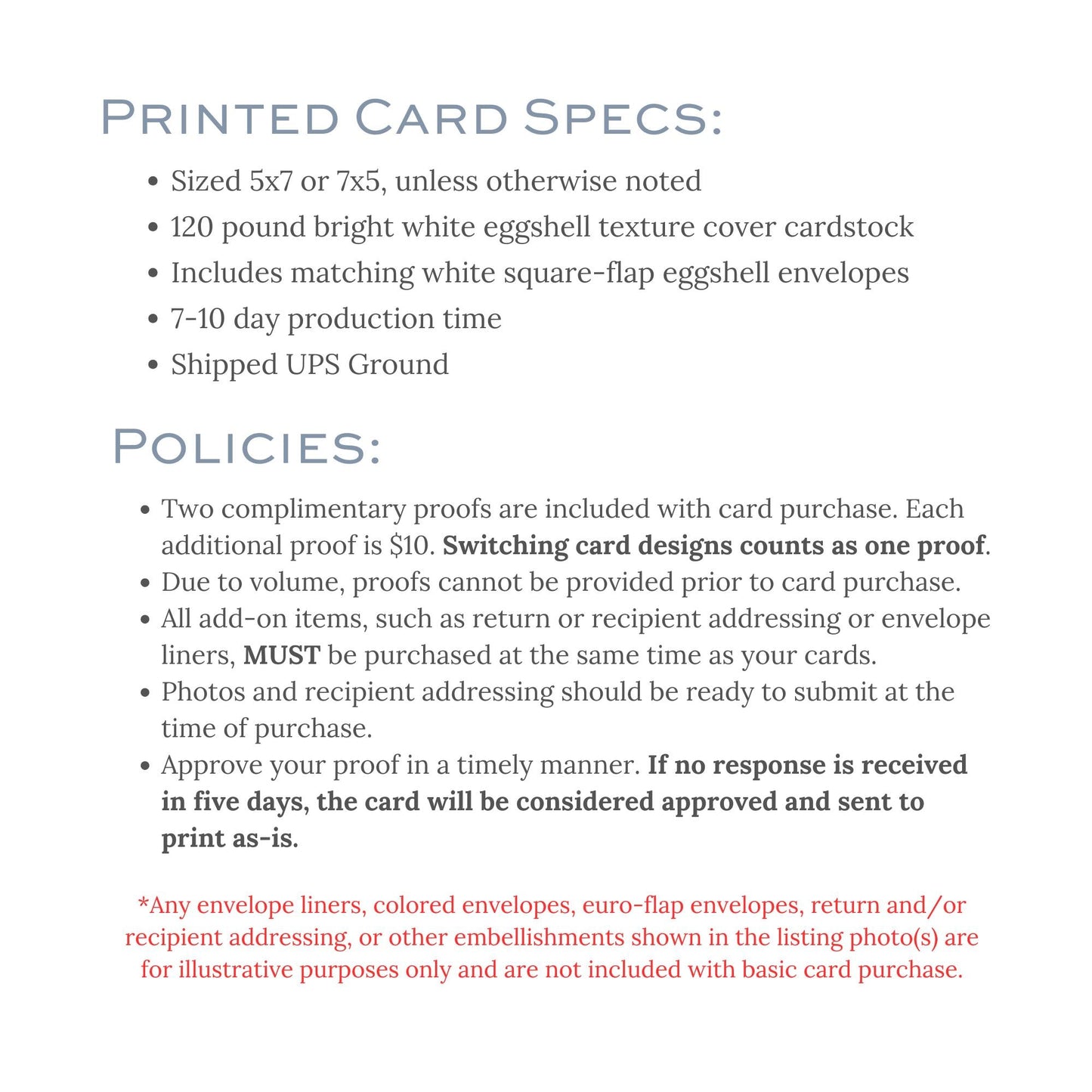 The image is a printed card specifications document that provides details about the size, weight, and other specifications of a printed card.