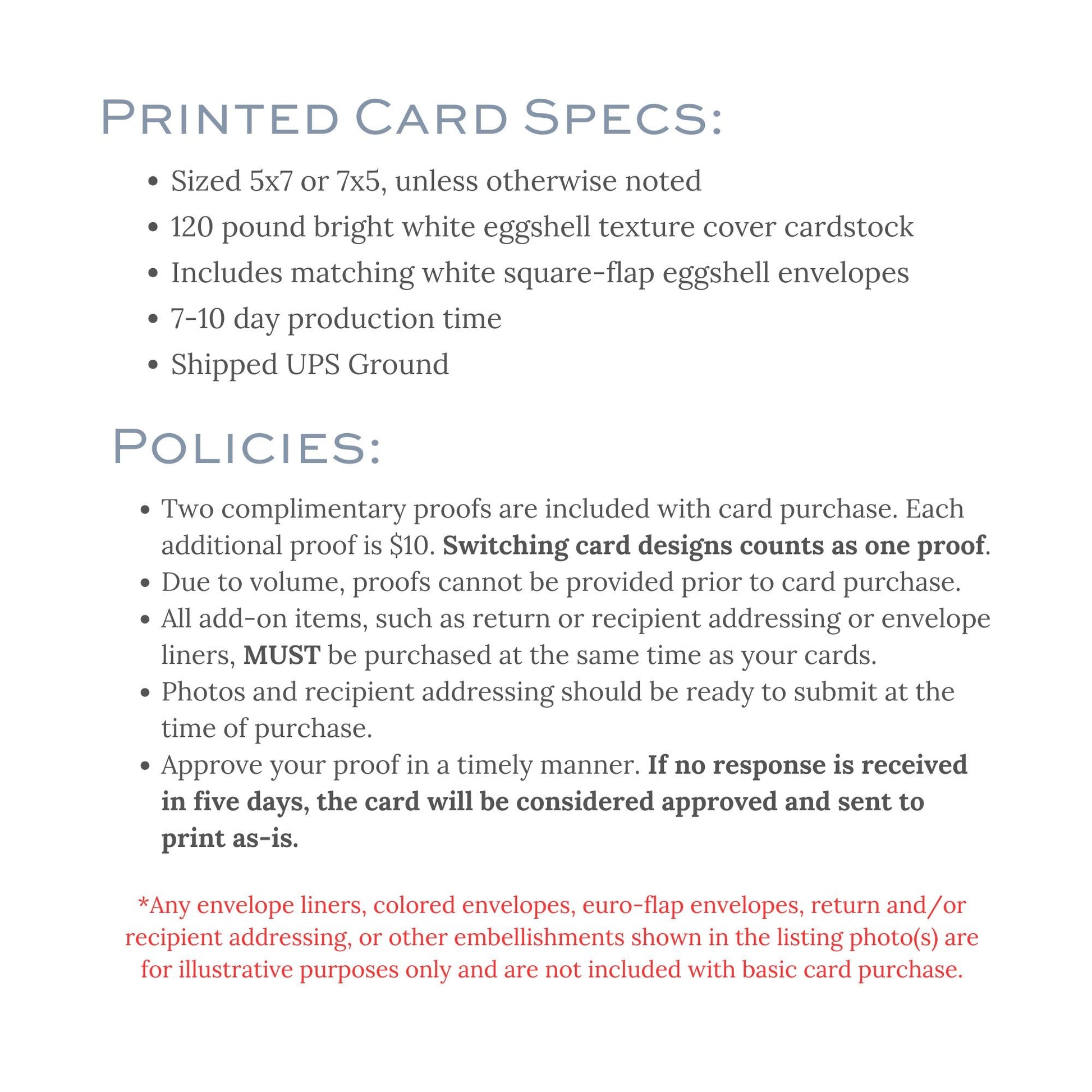 The image is a printed card specifications document that provides details about the size, weight, and other specifications of a printed card.