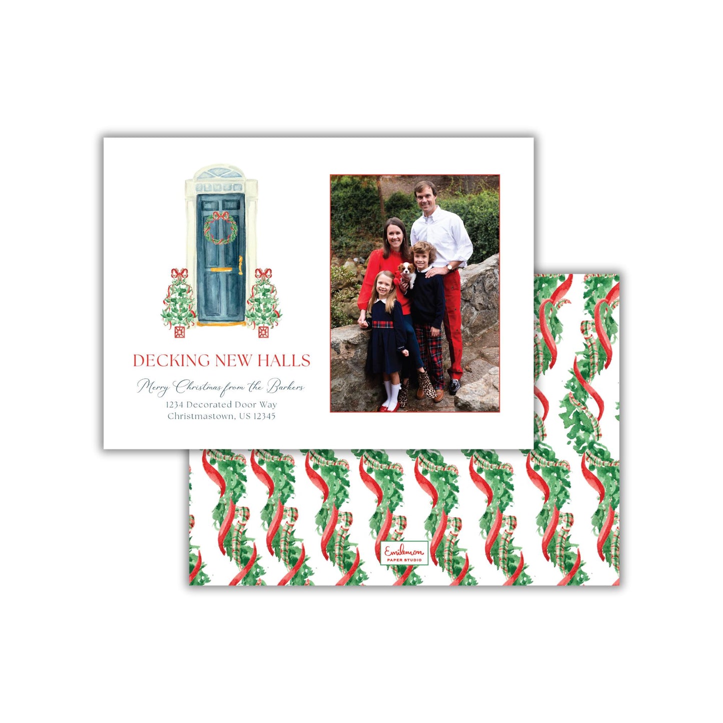 A Christmas-themed card featuring a family photo and a decorative wreath.