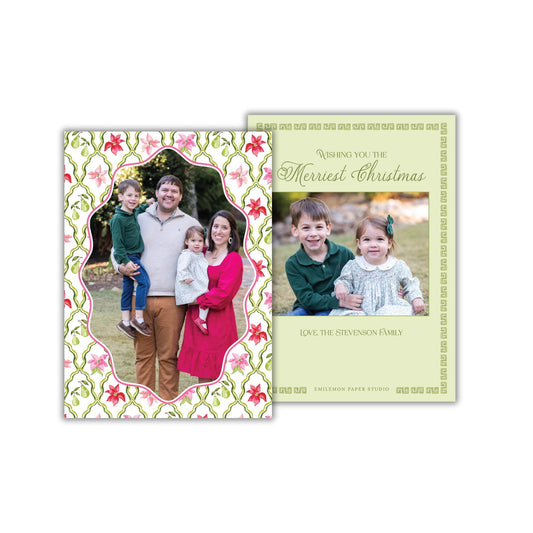 A family portrait of a man, woman, and two children, with a green and white floral frame, and a greeting card with a photo of the family and a message wishing the recipient the Merriest Christmas.