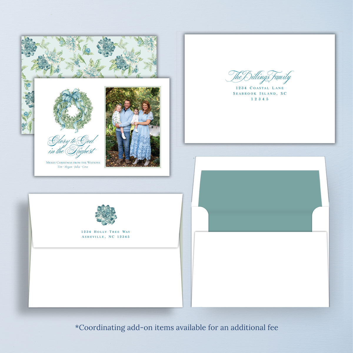 Teal Bow Wreath Christmas Card