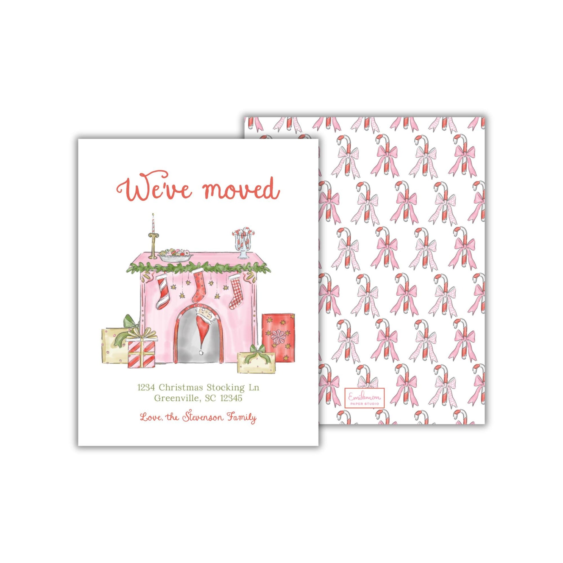 The image is a Christmas-themed greeting card with a pink and white color scheme. It features illustrations of a house, stockings, and candy canes, along with the text &quot;We&#39;ve moved&quot; and the address &quot;1234 Christmas Stocking In Greenville, SC 29245 Love the Swanson Family&quot;.