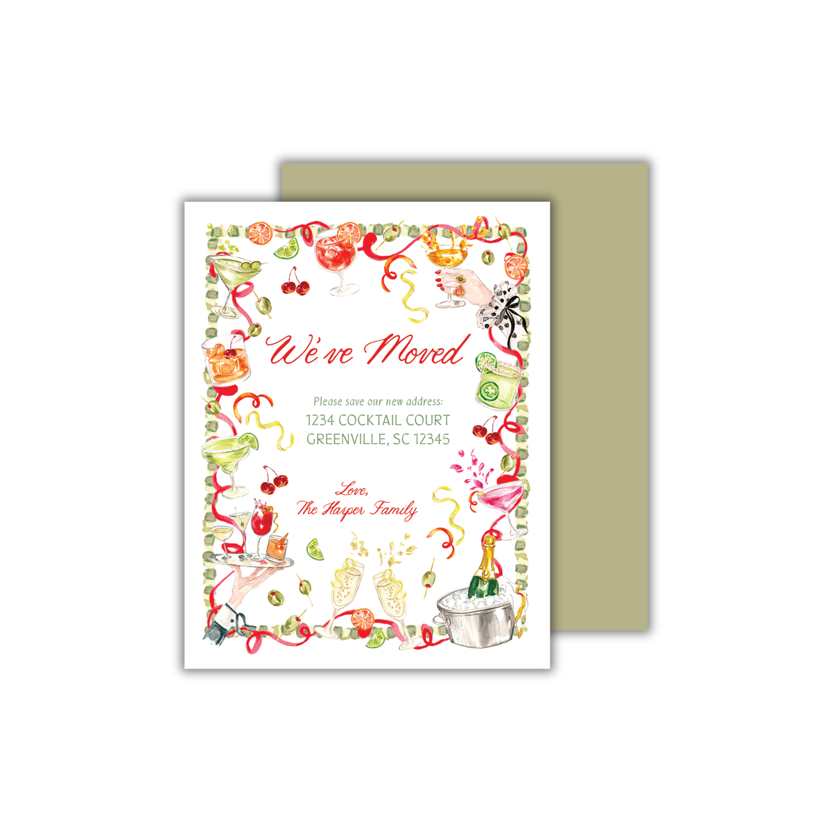 A 4.25 x 5.5 inch A2 sized flat moving announcement card featuring a colorful hand-painted watercolor frame of multicolor cocktails and garnishes, intertwined with red ribbons. The words "We've Moved" are written at the top in a handwriting-style red script font, while the family's new address is written at the center in a whimsical olive green serif font. The family's name is at the bottom in red script. The back of the card is solid olive green. Perfect housewarming or stock the bar card.