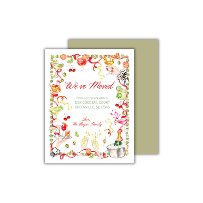 A 4.25 x 5.5 inch A2 sized flat moving announcement card featuring a colorful hand-painted watercolor frame of multicolor cocktails and garnishes, intertwined with red ribbons. The words "We've Moved" are written at the top in a handwriting-style red script font, while the family's new address is written at the center in a whimsical olive green serif font. The family's name is at the bottom in red script. The back of the card is solid olive green. Perfect housewarming or stock the bar card.