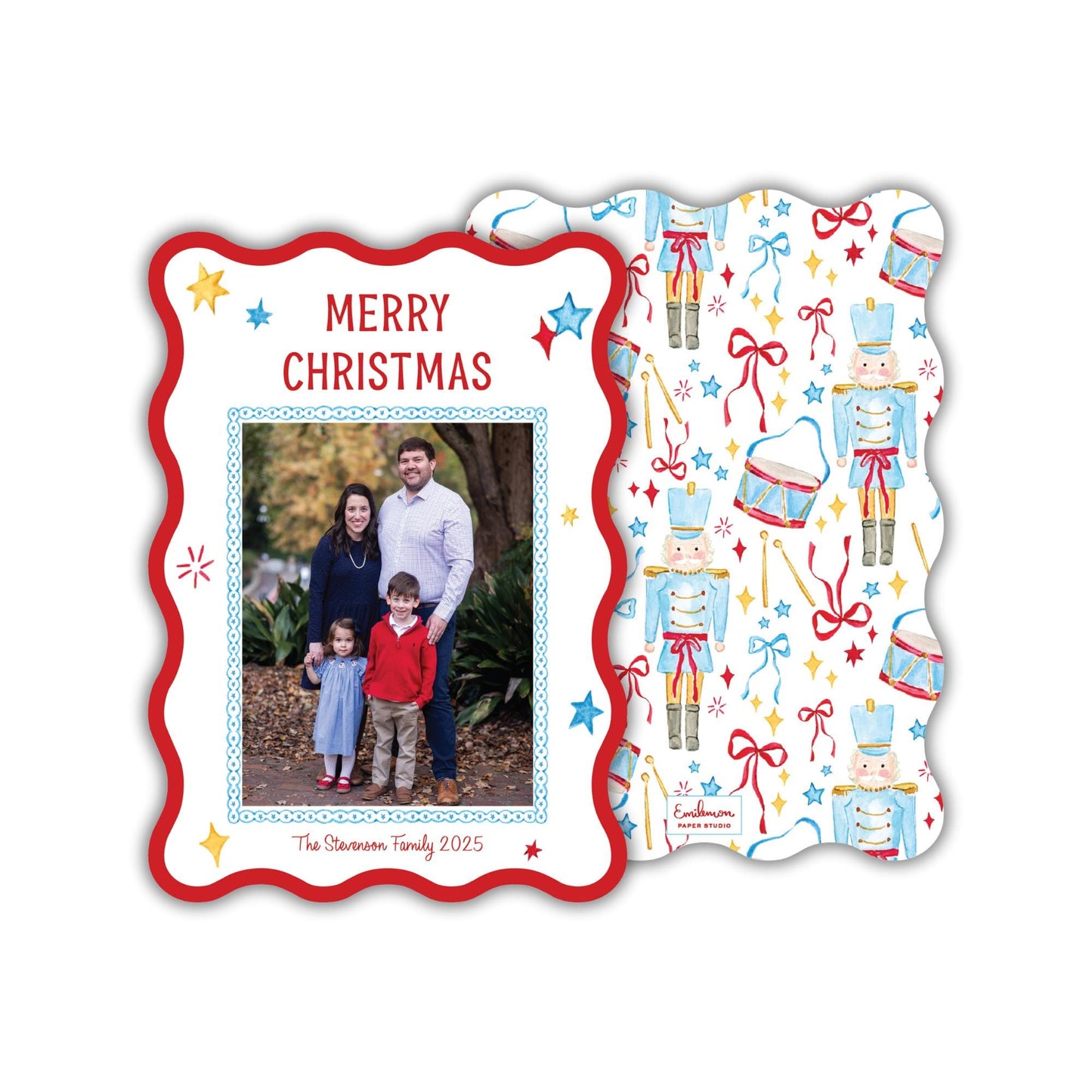 A family portrait of a man, woman, and child, along with a Christmas-themed design featuring a nutcracker and stars.