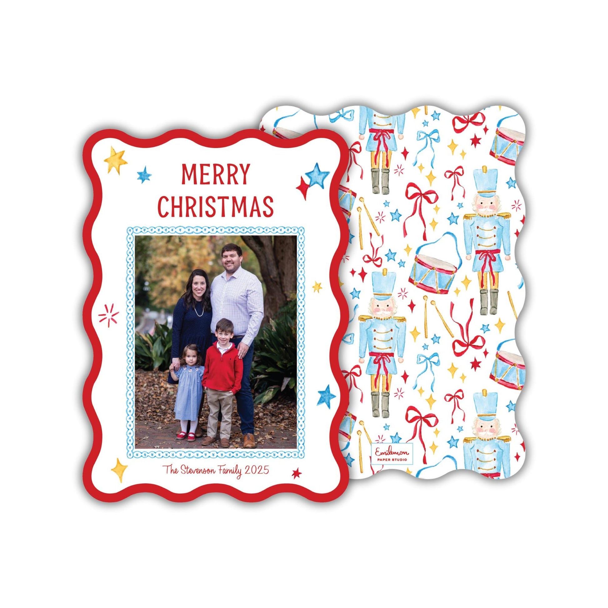 A family portrait of a man, woman, and child, along with a Christmas-themed design featuring a nutcracker and stars.