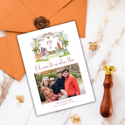 a family portrait of a woman, a man, and two children, along with a greeting card and some decorative elements.