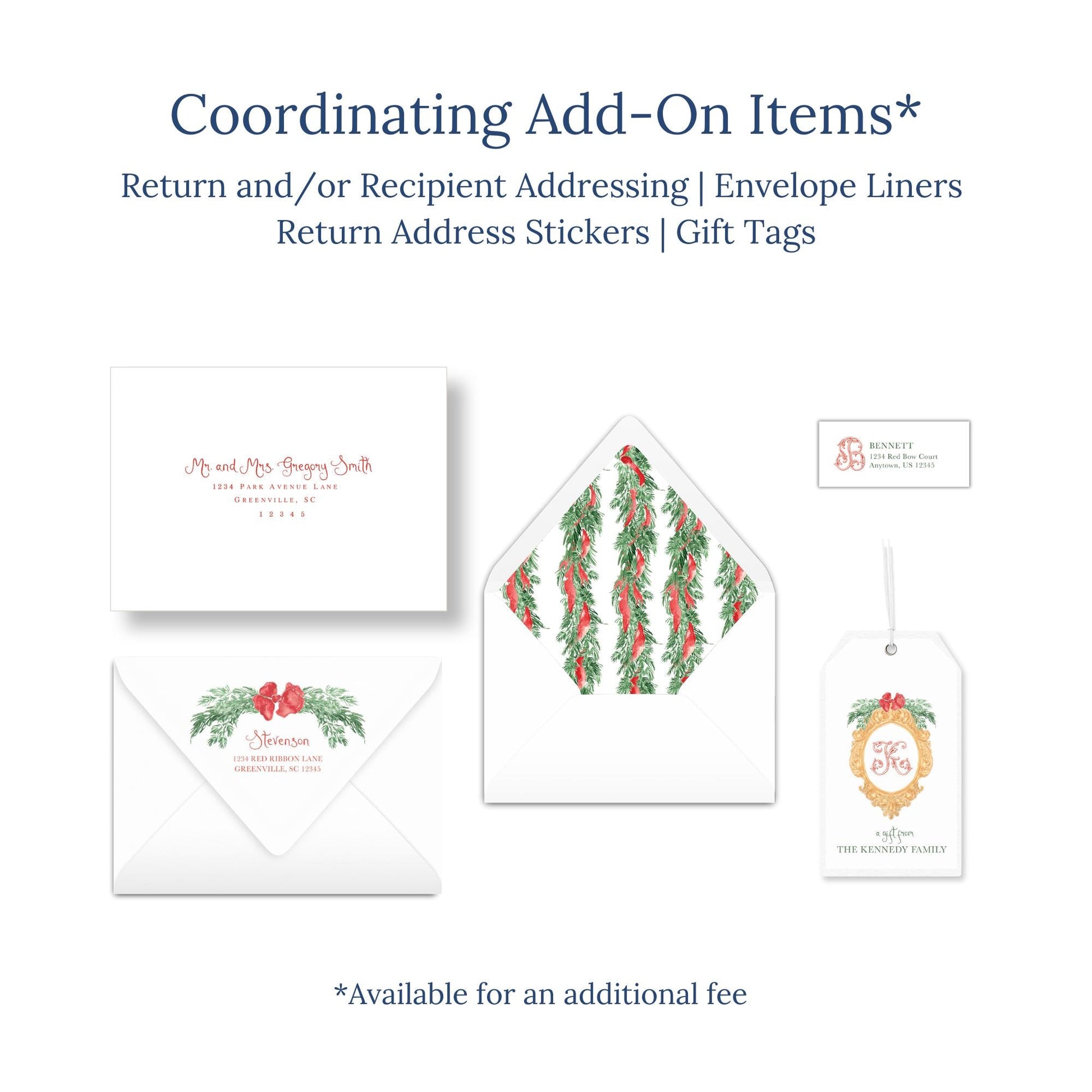various items related to coordinating add-ons for a wedding or event, including an envelope, return address stickers, and gift tags.