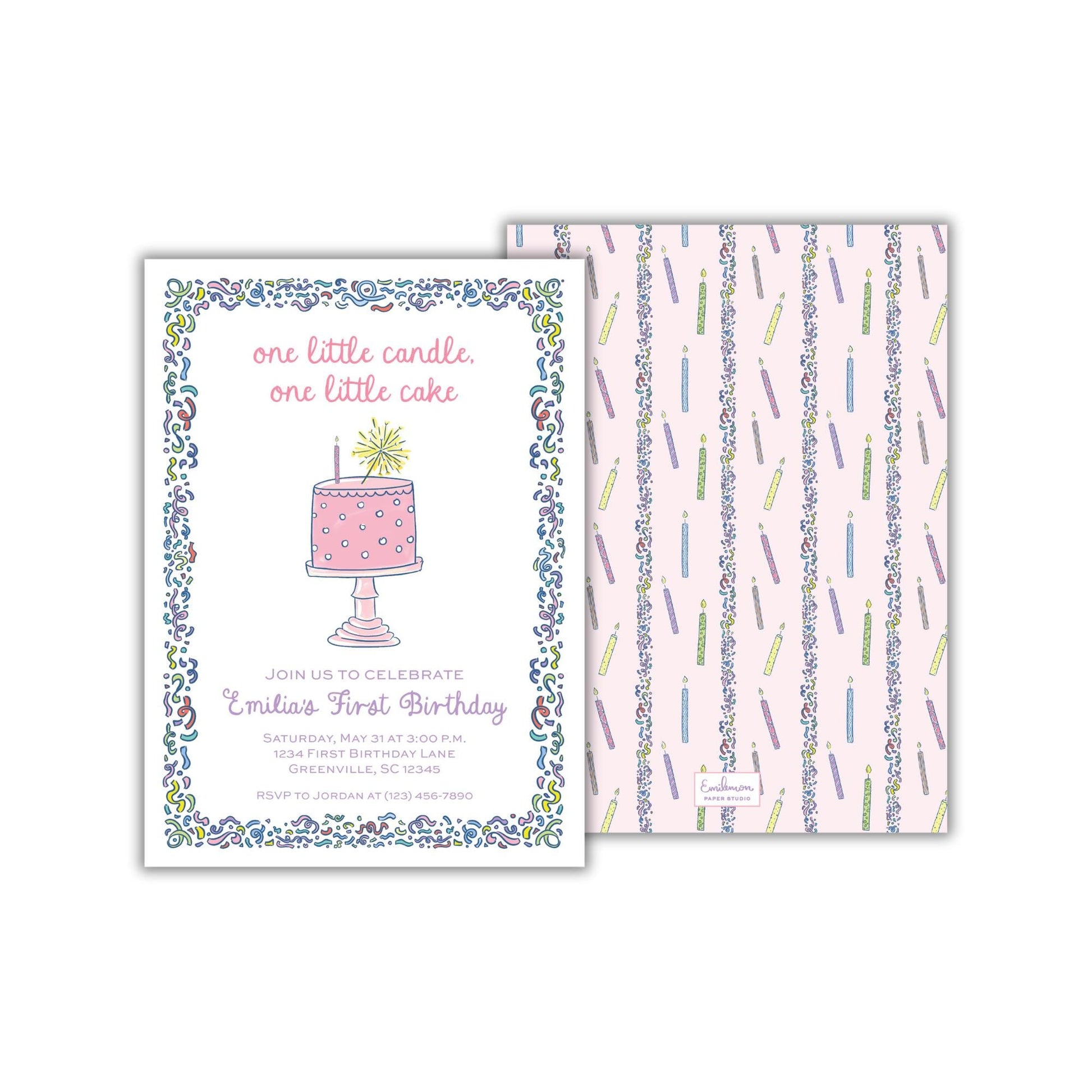 The image is a birthday invitation for a girl named Emily's first birthday.