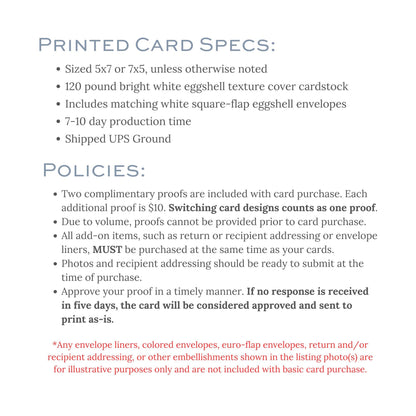The image is a printed card specifications document that provides details about the size, weight, and other specifications of a printed card.