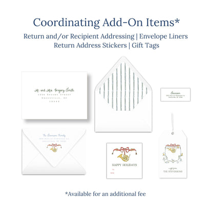 various items related to holiday-themed items, including envelopes, return address stickers, and gift tags.