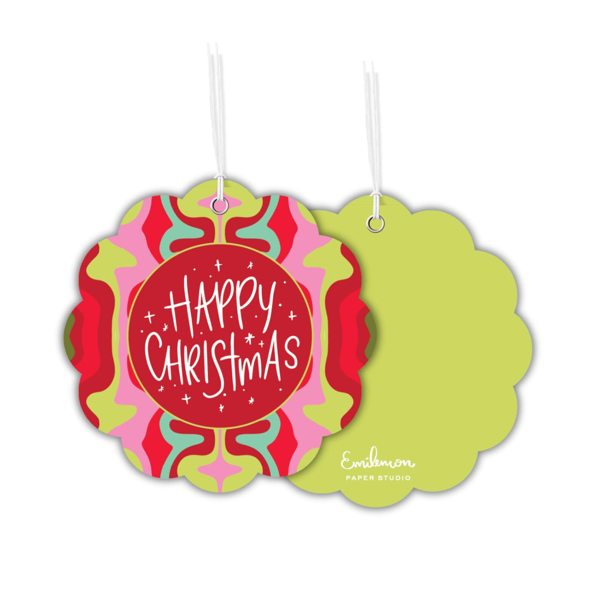a pair of Christmas-themed ornaments hanging from strings. The ornaments have a vibrant, colorful design with a central red circle surrounded by a pattern of pink, green, and yellow swirls. The text "Happy Christmas" is prominently displayed in the center of the red circle.