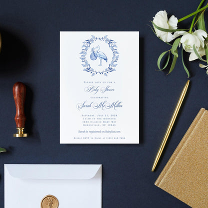Delftware Stork Baby Shower Invitation