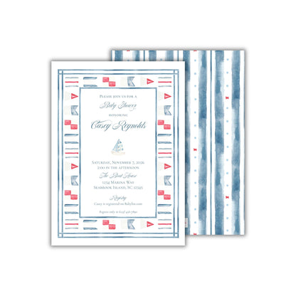 A rectangular 5 x 7 inch baby shower invitation, featuring hand-painted watercolor artwork of nautical flags and a sailboat. The back of the invitation features navy watercolor stripes, with red and light blue dots.