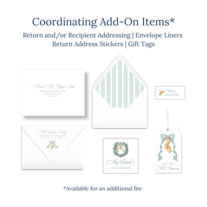 various items related to holiday-themed items, including envelopes, return address stickers, and gift tags.
