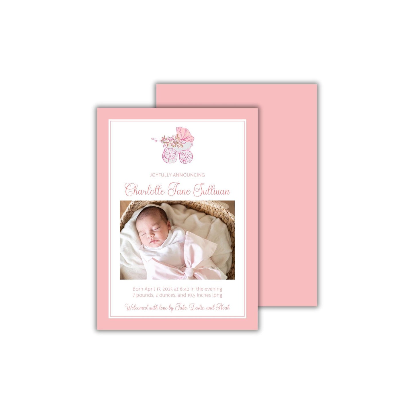 a pink card with a picture of a baby