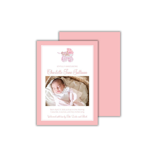 a pink card with a picture of a baby