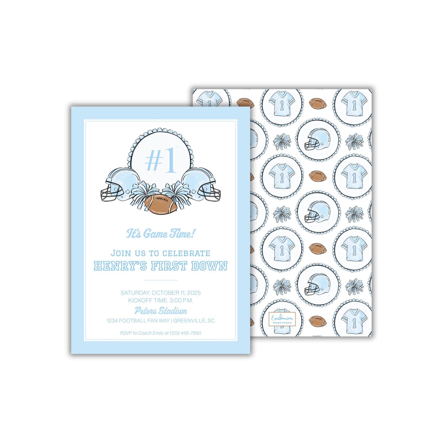 The image is a printed invitation for a game night event, featuring a blue background with illustrations of football helmets and a football.