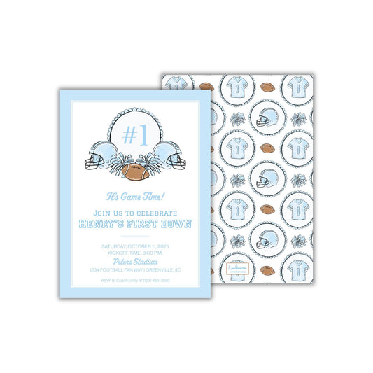 The image is a printed invitation for a game night event, featuring a blue background with illustrations of football helmets and a football.
