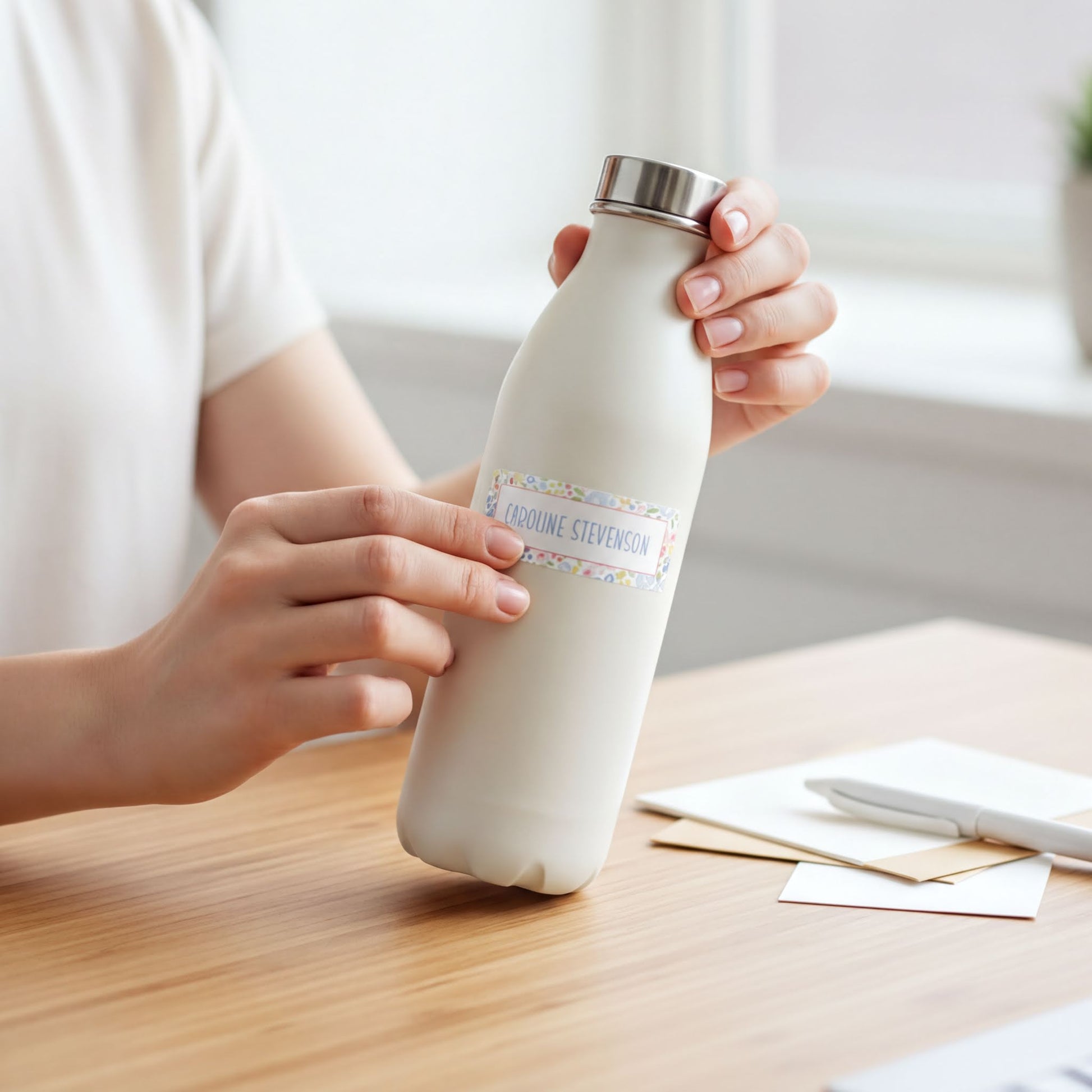 A person's hands holding a white bottle with a label that says "Capsule Stevon" on a wooden table.