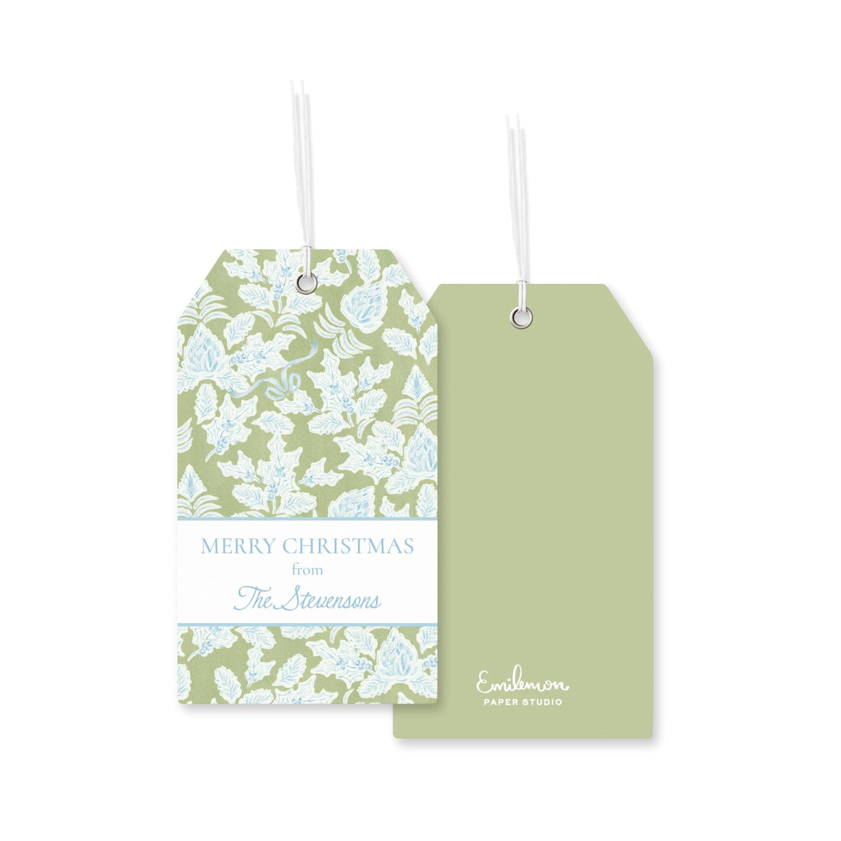 two tags, one with a floral pattern and the other with a plain green background.