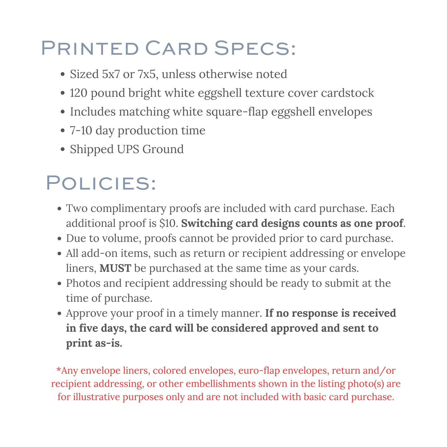 The image is a printed card specifications document that provides details about the size, weight, and other specifications of a printed card.