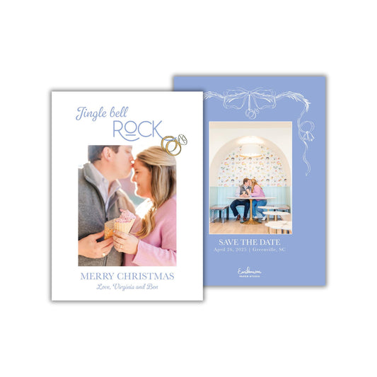 The image is a two-page wedding invitation featuring a couple embracing in a romantic setting. The text on the invitation reads &quot;Jingle bell Rock&quot; and &quot;Merry Christmas&quot; along with the names &quot;Love Virginia and Ben&quot;.