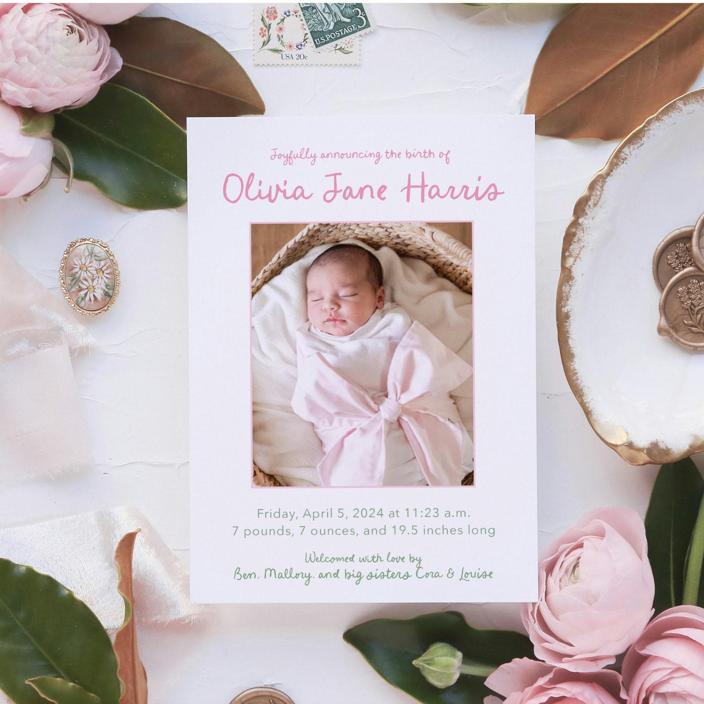 Floral Trellis Birth Announcement - Pink