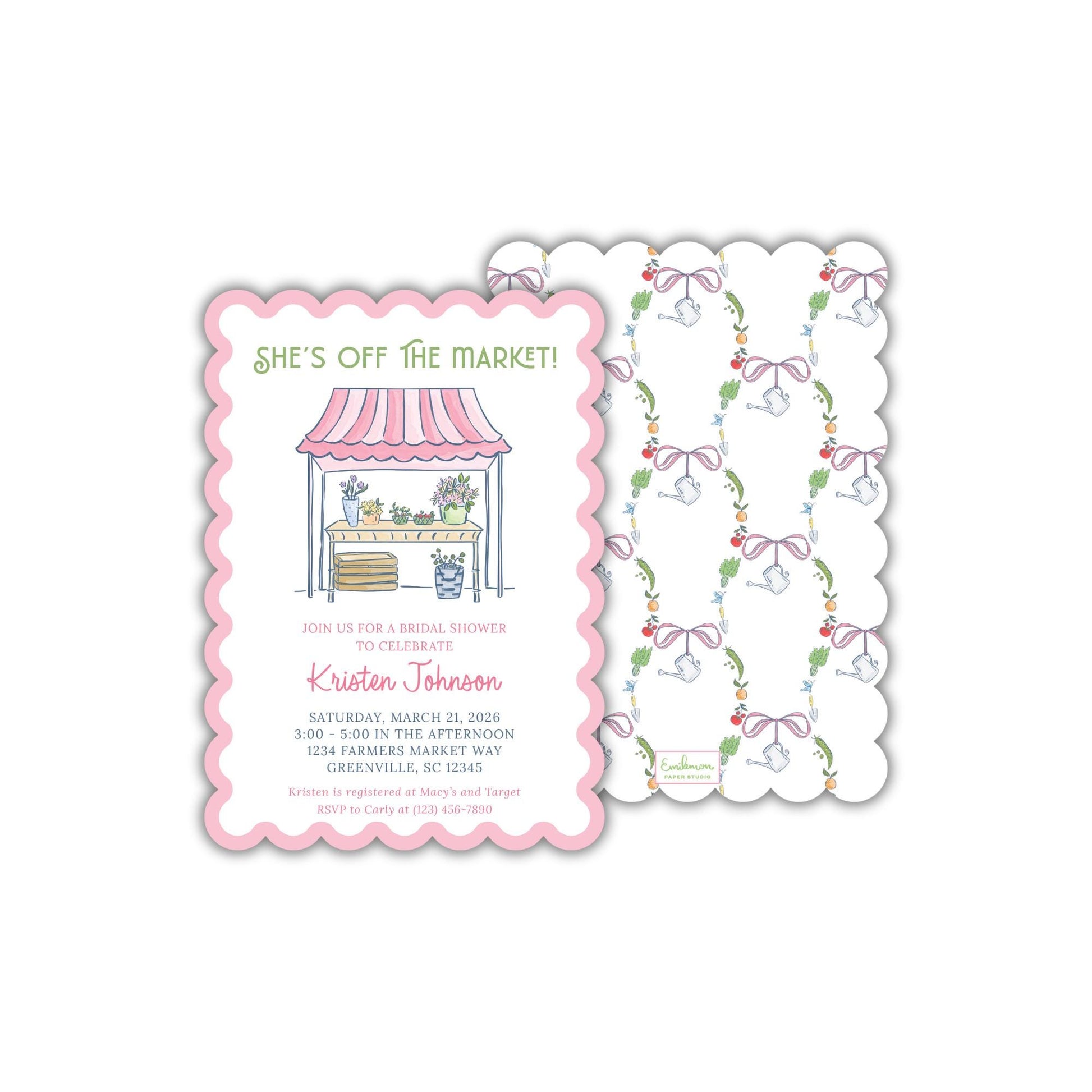 A pink invitation card for a bridal shower, featuring a pink and white striped canopy and a floral pattern.