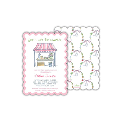 A pink invitation card for a bridal shower, featuring a pink and white striped canopy and a floral pattern.