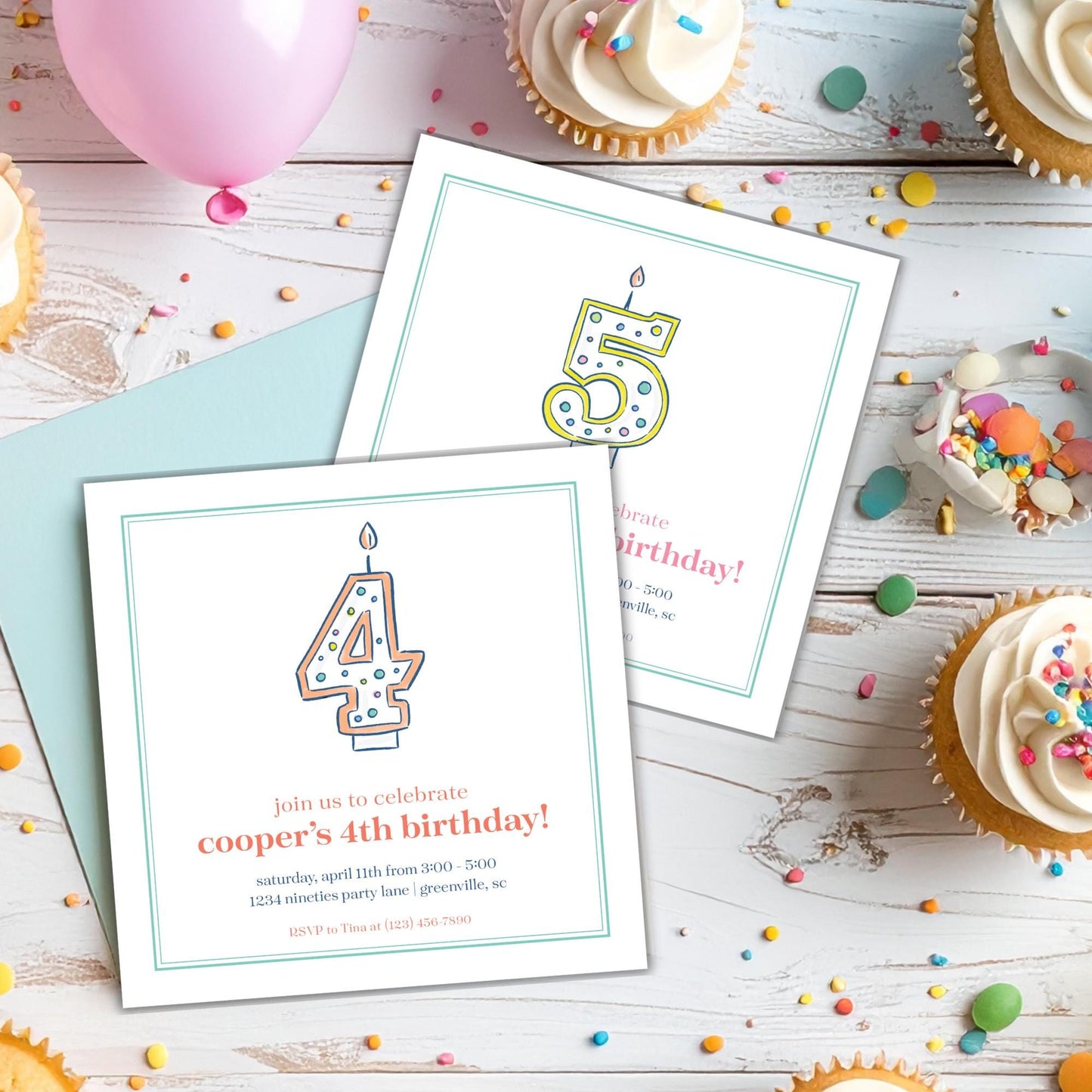 The image is a birthday party invitation for a 4th birthday celebration. It features a birthday candle design and colorful cupcakes, along with other party decorations.