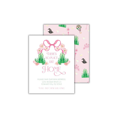 a pink and green card with a pink bow on it