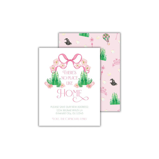 a pink and green card with a pink bow on it