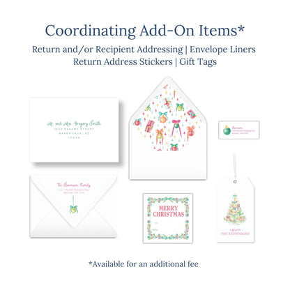 various items related to holiday and gift-giving, including envelopes, return address stickers, and gift tags.