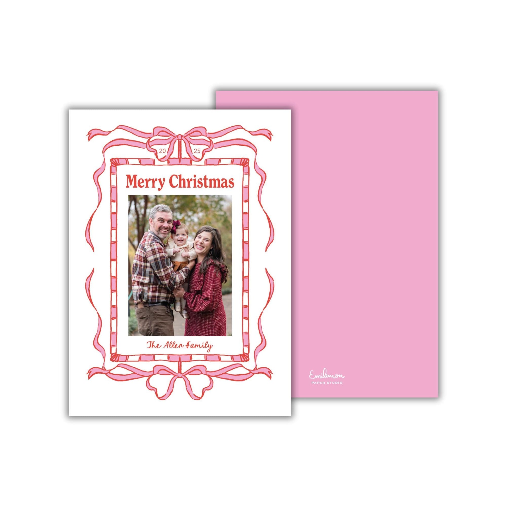 A white card with a red border and a photo of a family, along with the text &quot;Merry Christmas&quot; and &quot;The Allen family&quot;.
